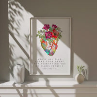 Proverbs 4:23,  Above all else, guard your heart, for everything you do flows from it. Typography Art Print with Heart Flowers