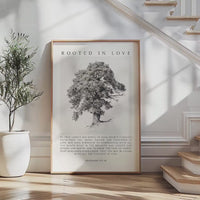 Rooted in Love Scripture Print – Ephesians 3:17-19 Christian Wall Art with Tree Illustration