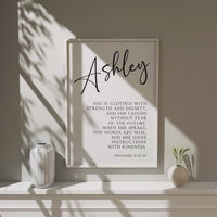 Proverbs 31:25•26 She is clothed with strength & dignity, and she laughs without fear of the future... Personalized Typography Art Print