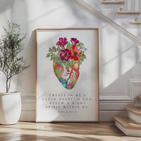 Psalm 51:10 Wall Art, Create In Me Clean Heart Print, Christian Floral Bible Decor