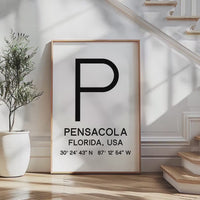 Pensacola, Florida with GPS Coordinates Minimalist Typography Art Print