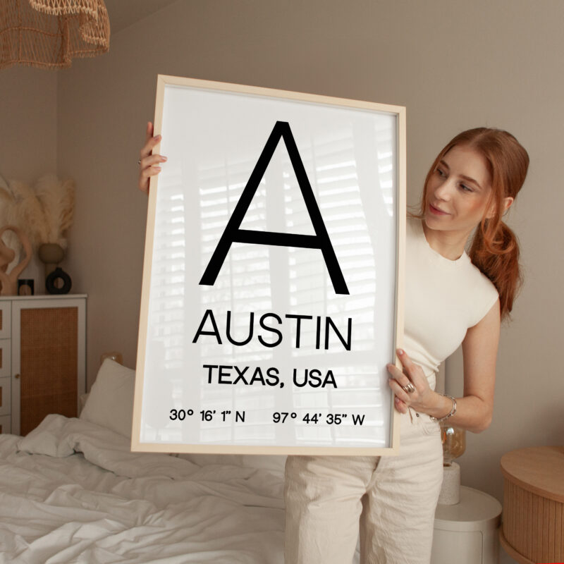 Austin Texas with GPS Coordinates Typography Art Print