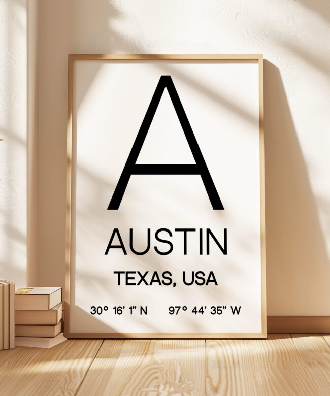 Austin Texas with GPS Coordinates Typography Art Print