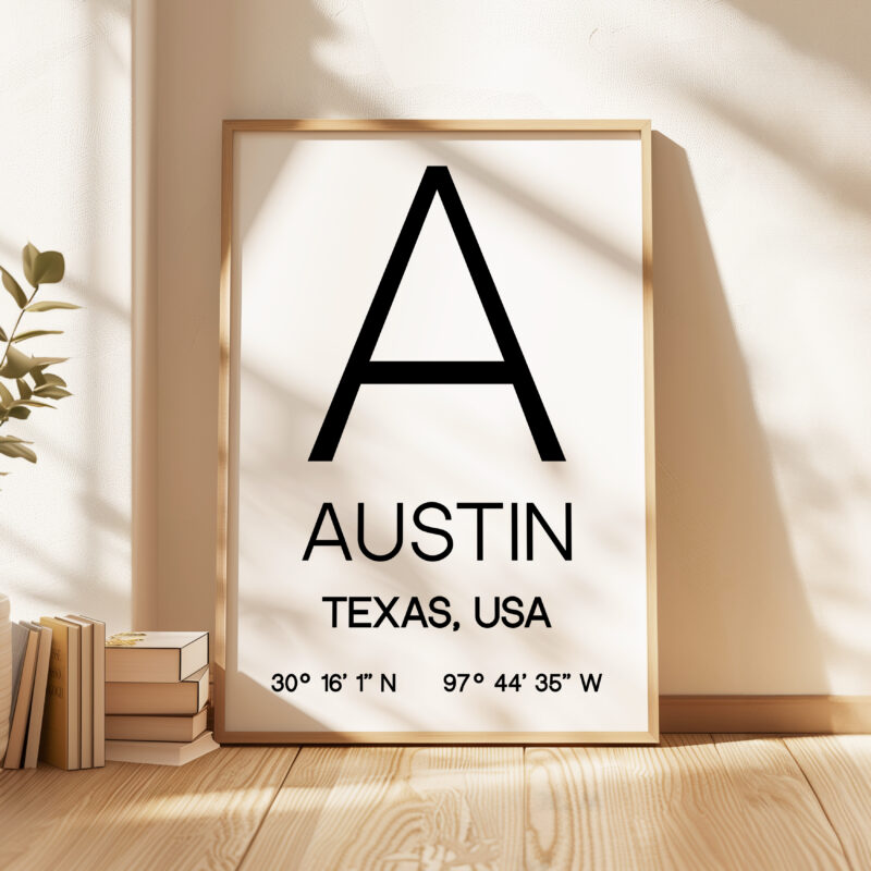 Austin Texas with GPS Coordinates Typography Art Print