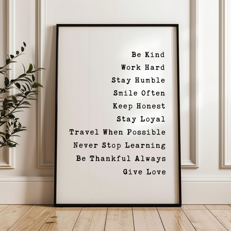 Be Kind, Work Hard, Stay Humble, Smile Often. Be Honest. Travel When Possible, Never Stop Learning,... Give Love Typography Wall Art