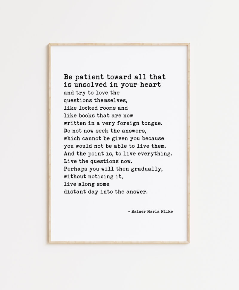 Rainer Maria Rilke Quote - Be patient toward all that is unsolved in your heart and try to love the questions themselves. Typography Art Print