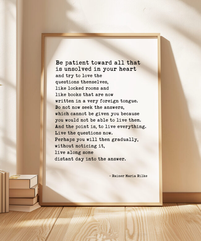 Rainer Maria Rilke Quote - Be patient toward all that is unsolved in your heart and try to love the questions themselves. Typography Art Print