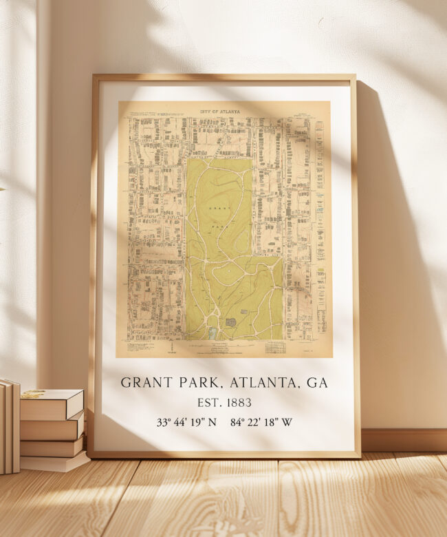 Grant Park, Atlanta, Georgia Vintage Map with GPS Coordinates                                          Minimalist Art Print