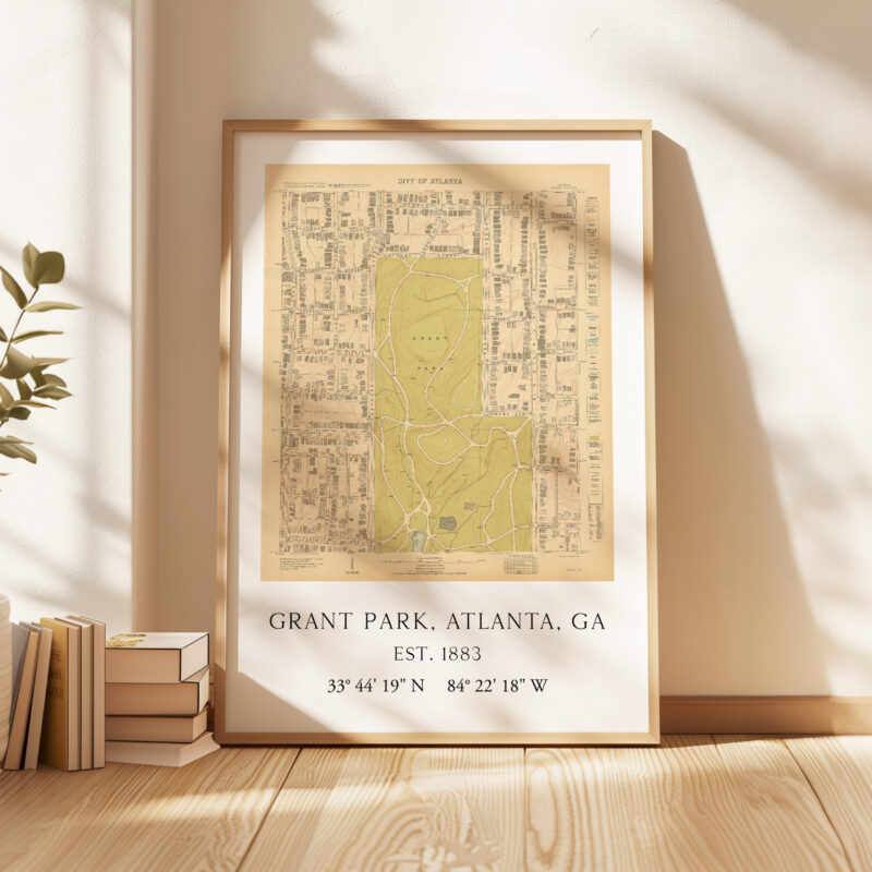 Grant Park, Atlanta, Georgia Vintage Map with GPS Coordinates                                          Minimalist Art Print