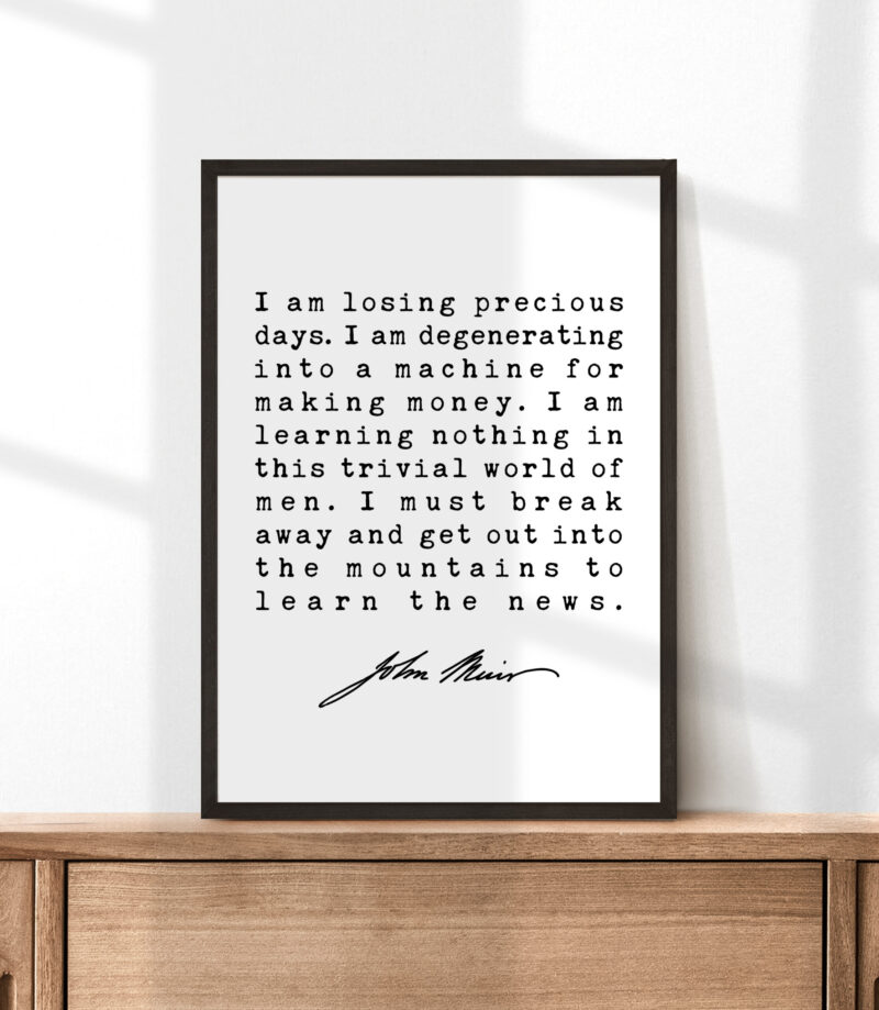 I am losing precious days. I am degenerating into a machine for making money. - John Muir Quote Art Print - Image 3