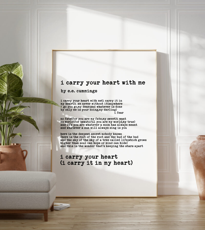 I Carry Your Heart(I Carry It In My Heart) - E.E. Cummings Poem, Typography Print, Home Wall Decor, Wedding Poem, Minimalist Decor