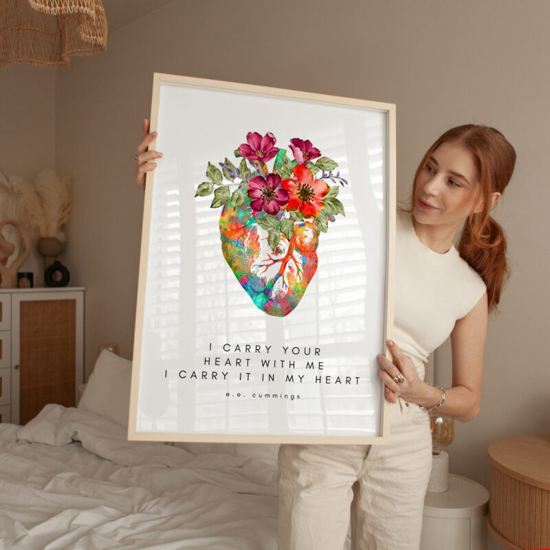 I Carry Your Heart With Me I Carry It In My Heart • E.E. Cummings Quote with Heart Flowers • Typography Art Print - Image 3