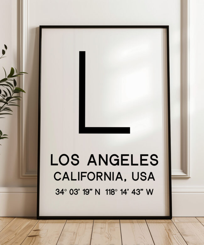 Los Angeles, California with GPS Coordinates Typography Art Print • Minimalist Decor