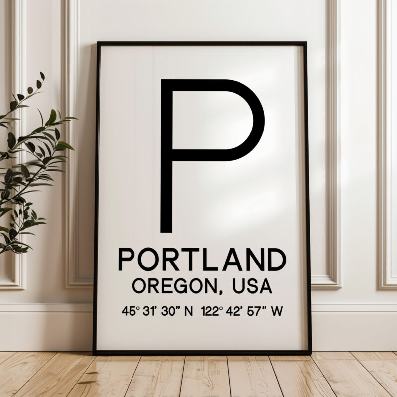 Portland, Oregon with GPS Coordinates Typography Art Print • Minimalist Wall Art