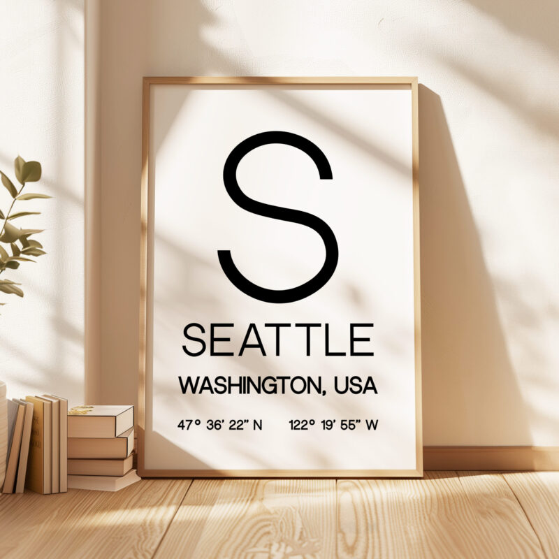 Seattle, Washington with GPS Coordinates Typography Wall Art Print