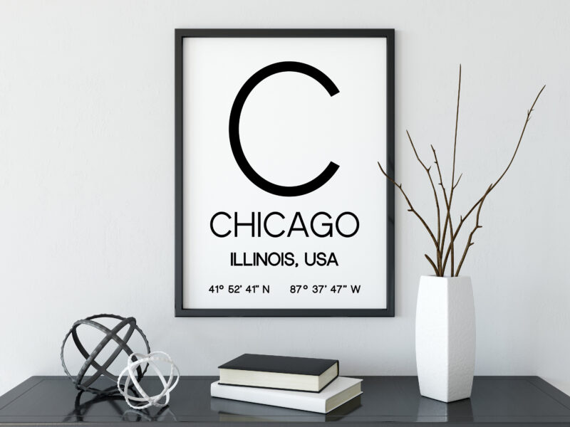 Chicago Illinois with GPS Coordinates Minimalist Art Print - Office - Home Decor - Restaurant - Apartment - Condo - Typography