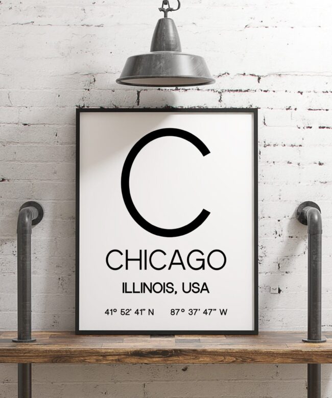Chicago Illinois with GPS Coordinates Minimalist Art Print - Office - Home Decor - Restaurant - Apartment - Condo - Typography