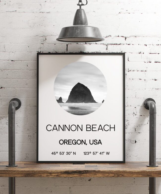 Cannon Beach Oregon with GPS Coordinates Art Print - Office - Home Decor - Restaurant - Apartment - Condo - Typography