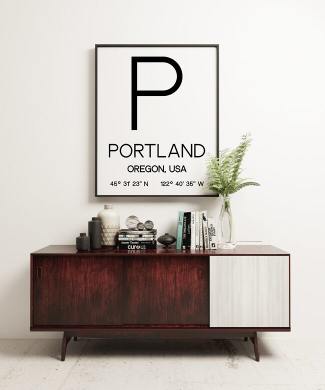 Portland Oregon with GPS Coordinates Minimalist Art Print - Office - Home Decor - Restaurant - Apartment - Condo - Typography