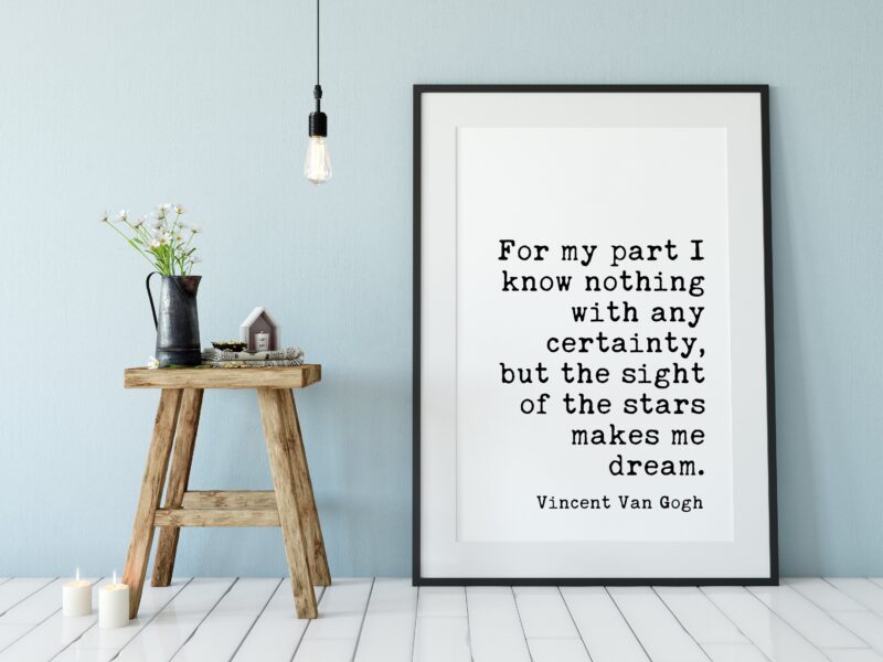 Van Gogh Quotes - For my part I know nothing with any certainty.... makes me Dream - Print - Home Wall Decor - White and Black - Minimalist