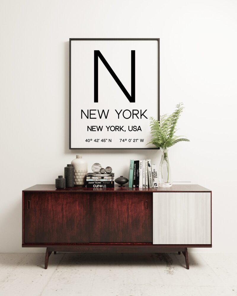 New York New York with GPS Coordinates Art Print - Office - Home Decor - Restaurant - Apartment - Condo - Typography