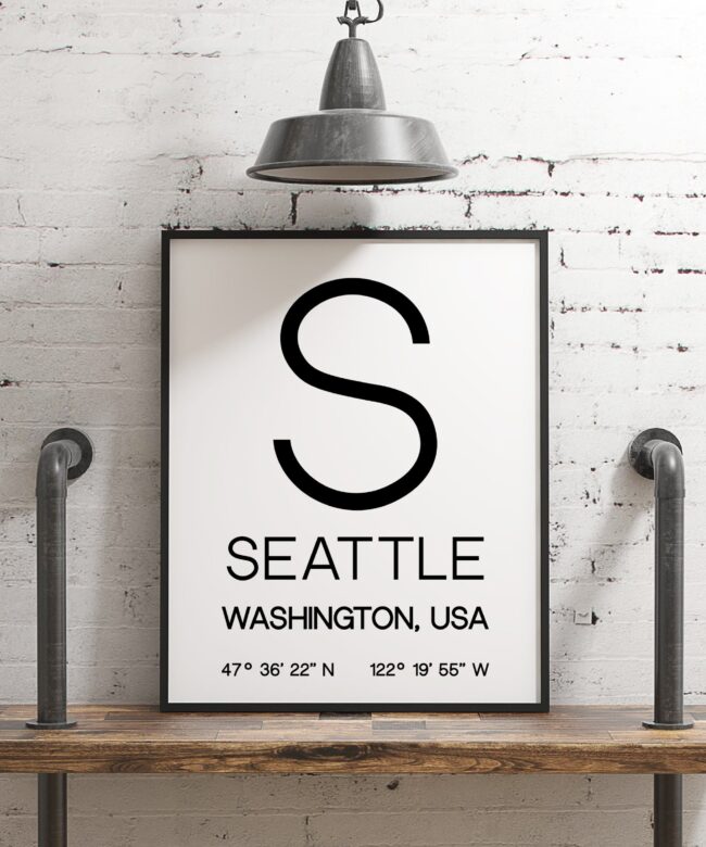 Seattle Washington with GPS Coordinates Art Print - Office - Home Decor - Restaurant - Apartment - Condo - Typography