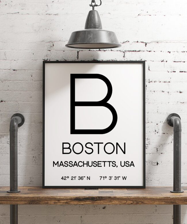 Boston Massachusetts with GPS Coordinates Art Print - Office - Home Decor - Restaurant - Apartment - Condo - Typography