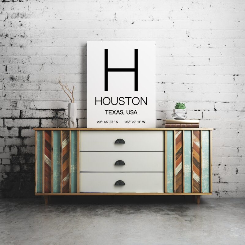 Houston Texas with GPS Coordinates Art Print - Office - Home Decor - Restaurant - Apartment - Condo - Typography