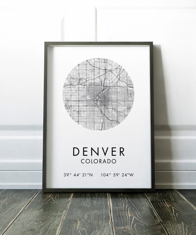 Denver, Colorado City Street Map with GPS Coordinates Art Print - Office - Home Decor - Restaurant - Apartment - Condo - Typography
