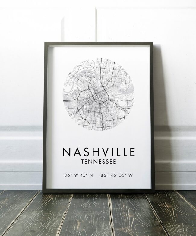 Nashville, Tennessee City Street Map with GPS Coordinates Art Print - Office - Home Decor - Restaurant - Apartment - Condo - Typography