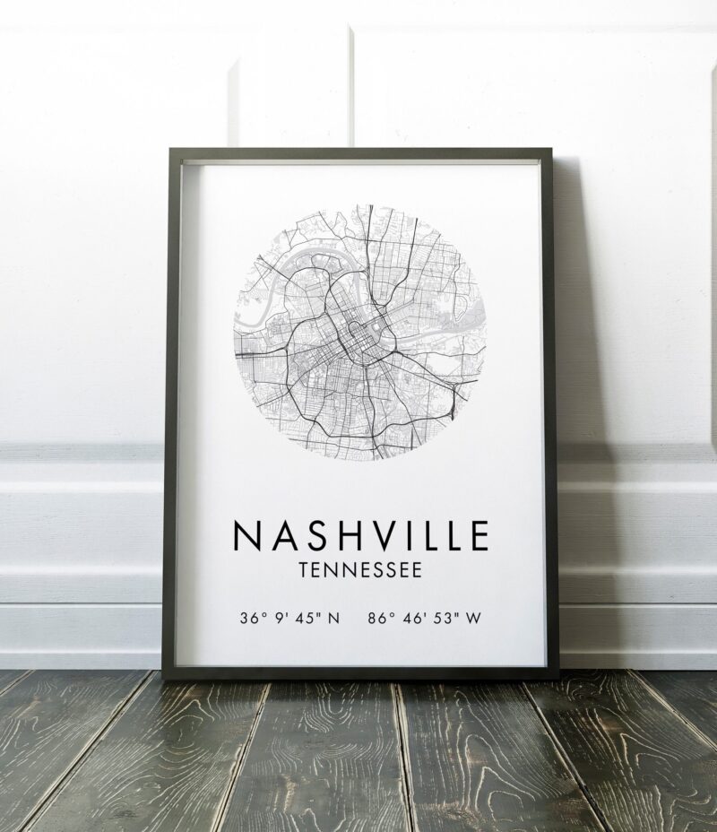 Nashville, Tennessee City Street Map with GPS Coordinates Art Print - Office - Home Decor - Restaurant - Apartment - Condo - Typography
