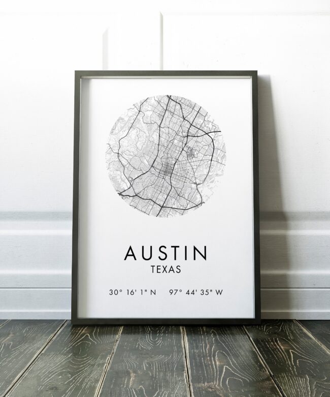 Austin, Texas City Street Map with GPS Coordinates Art Print - Office - Home Decor - Restaurant - Apartment - Condo - Typography