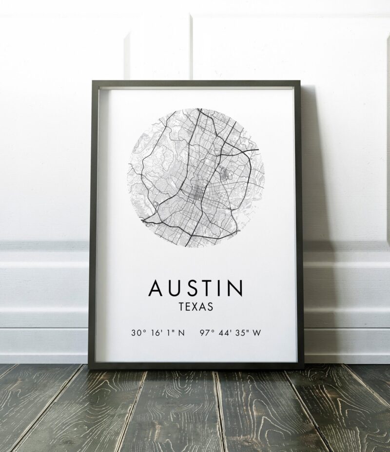 Austin, Texas City Street Map with GPS Coordinates Art Print - Office - Home Decor - Restaurant - Apartment - Condo - Typography