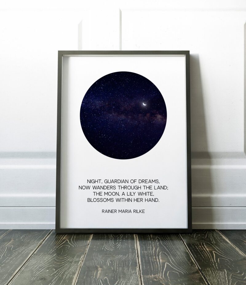 Night, guardian of dreams, Now wanders through the land; The moon, a lily white, Blossoms within her hand.  - Rainer Maria Rilke Typography