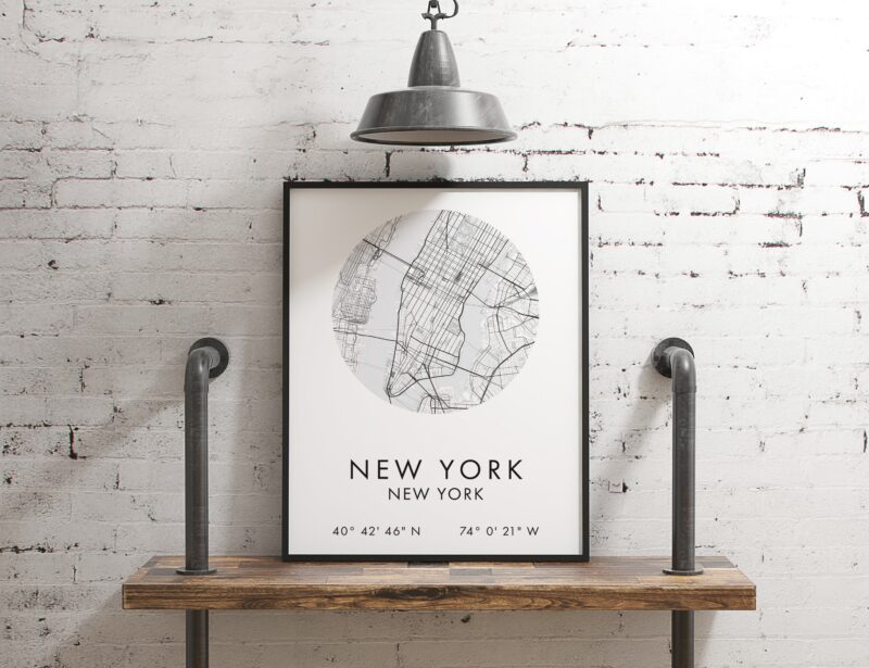New York, NY City Street Map with GPS Coordinates Art Print - Office - Home Decor - Restaurant - Apartment - Condo - Typography