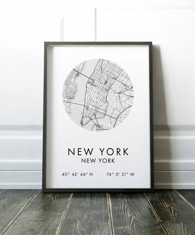 New York, NY City Street Map with GPS Coordinates Art Print - Office - Home Decor - Restaurant - Apartment - Condo - Typography