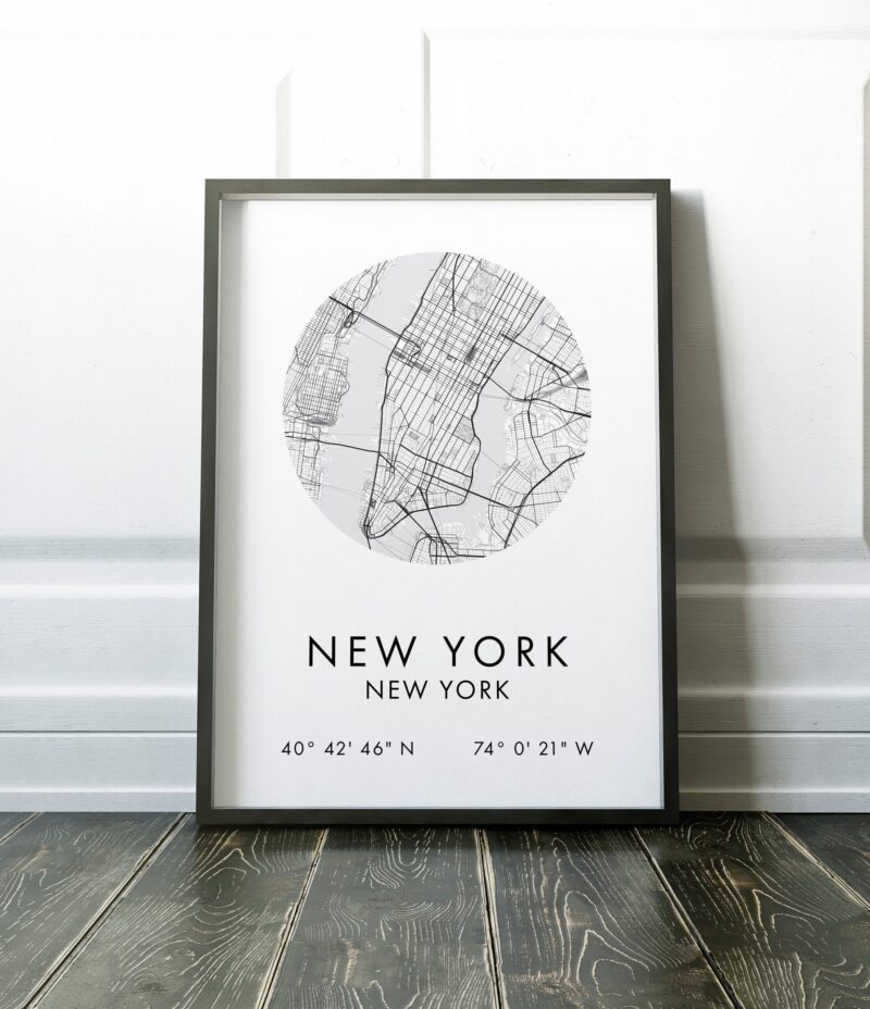 New York, NY City Street Map with GPS Coordinates Art Print - Office - Home Decor - Restaurant - Apartment - Condo - Typography