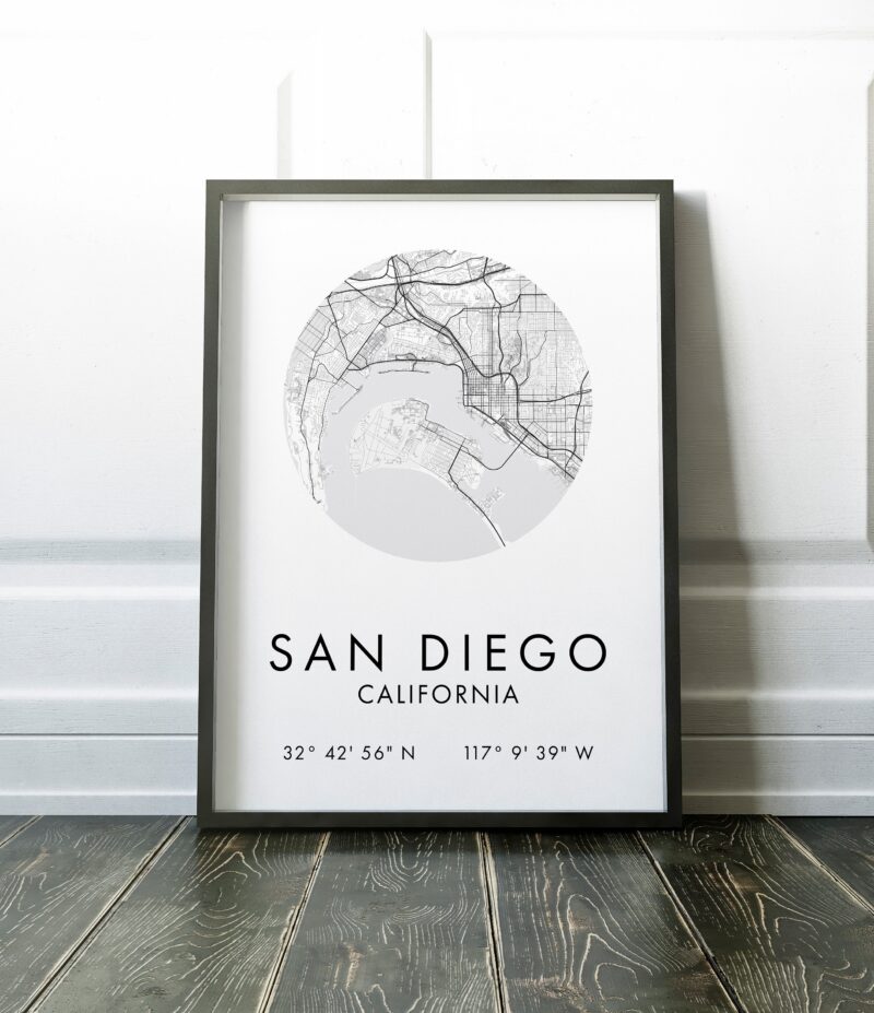 San Diego, California City Street Map with GPS Coordinates Art Print - Office - Home Decor - Restaurant - Apartment - Condo - Typography