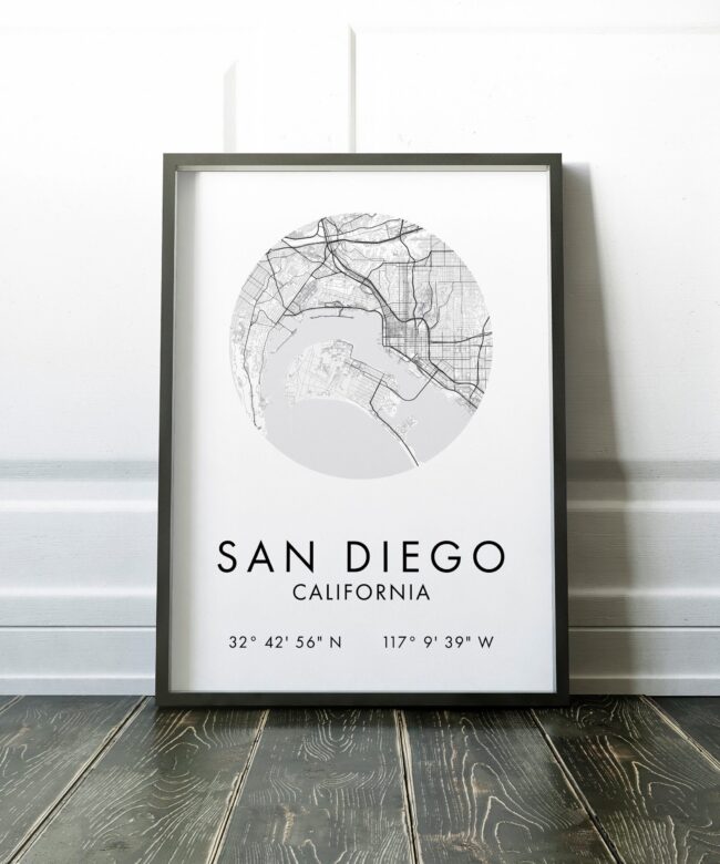 San Diego, California City Street Map with GPS Coordinates Art Print - Office - Home Decor - Restaurant - Apartment - Condo - Typography