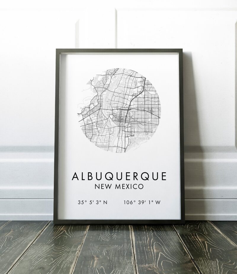 Albuquerque New Mexico City Street Map with GPS Coordinates Art Print - Office - Home Decor - Restaurant - Apartment - Condo - Typography