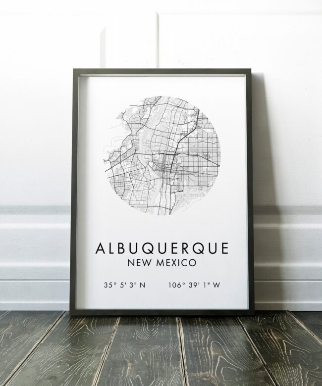 Albuquerque New Mexico City Street Map with GPS Coordinates Art Print - Office - Home Decor - Restaurant - Apartment - Condo - Typography