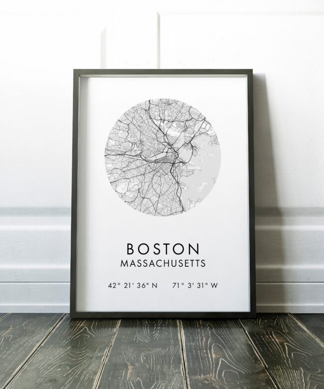 Boston Massachusetts City Street Map with GPS Coordinates Art Print - Office - Home Decor - Restaurant - Apartment - Condo - Typography