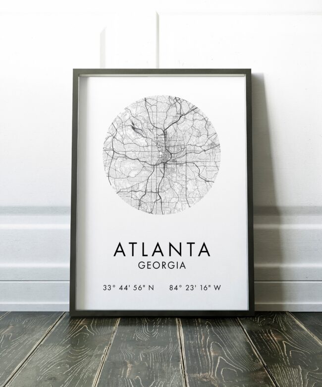 Atlanta, Georgia City Street Map, with GPS Art Print - Office - Home Decor - Restaurant - Apartment - Condo - Typography