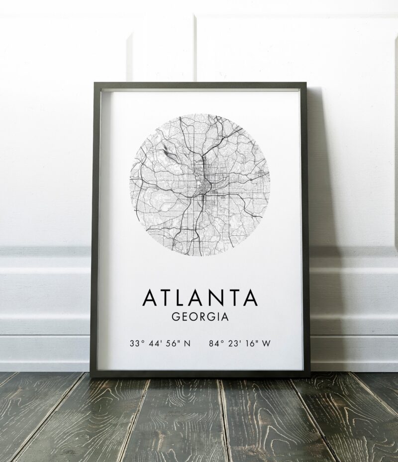 Atlanta, Georgia City Street Map, with GPS Art Print - Office - Home Decor - Restaurant - Apartment - Condo - Typography