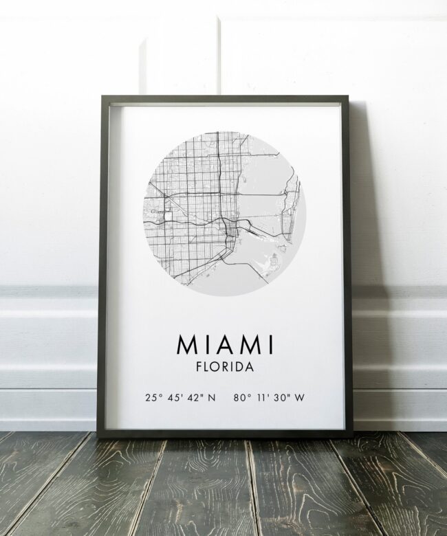 Miami Florida City Street Map with GPS Coordinates Art Print - Office - Home Decor - Restaurant - Apartment - Condo - Typography