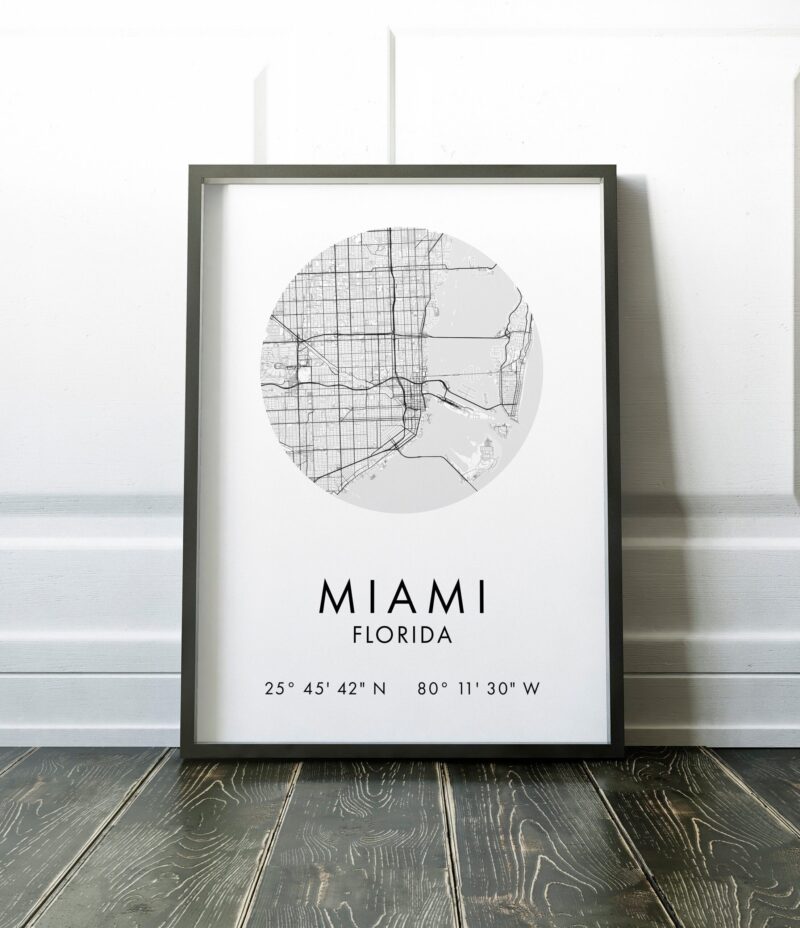 Miami Florida City Street Map with GPS Coordinates Art Print - Office - Home Decor - Restaurant - Apartment - Condo - Typography