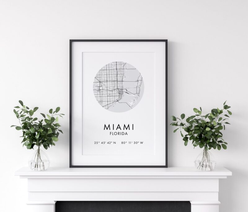 Miami Florida City Street Map with GPS Coordinates Art Print - Office - Home Decor - Restaurant - Apartment - Condo - Typography - Image 2