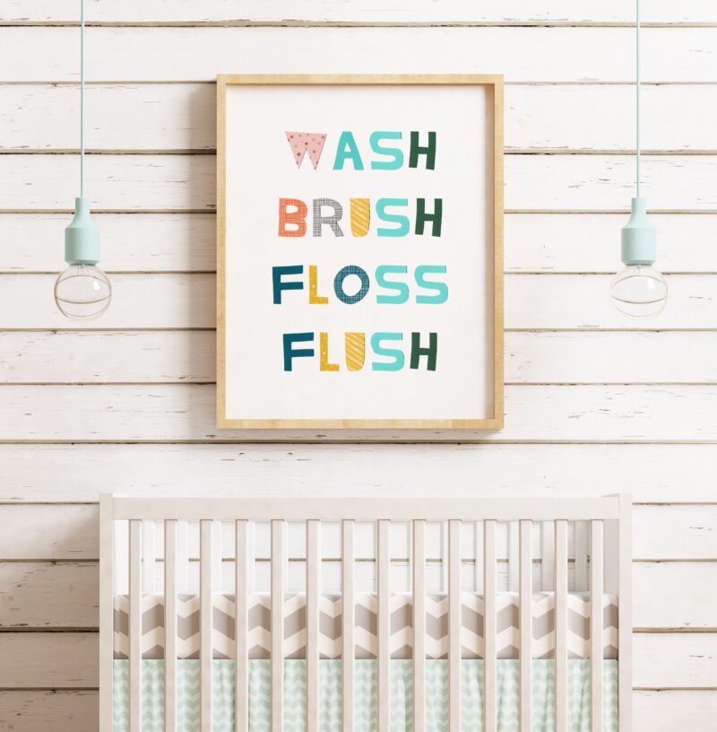 Wash Brush Floss Flush Bathroom Wall Art, Childs Bathroom Art, Kids Bathroom Art, Children's Bathroom Wall Art