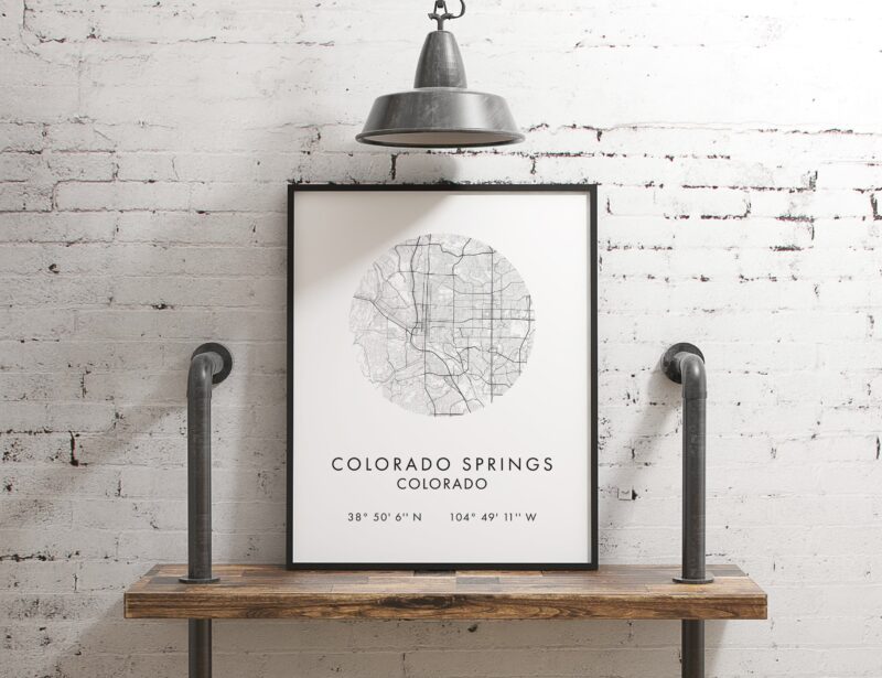 Colorado Springs, Colorado City Street Map with GPS Coordinates Art Print - Office - Home Decor - Restaurant - Apartment - Condo
