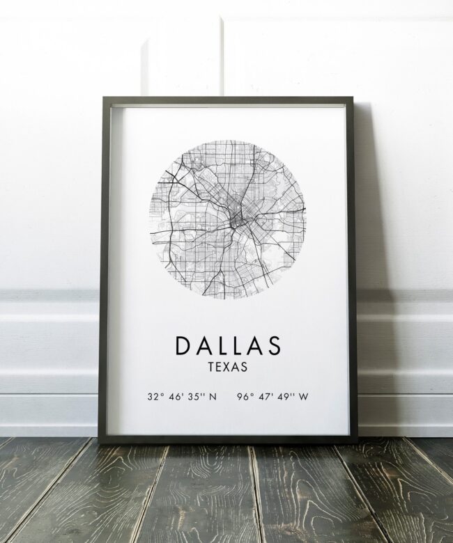 Dallas, Texas City Street Map with GPS Coordinates Art Print - Office - Home Decor - Restaurant - Apartment - Condo - Typography